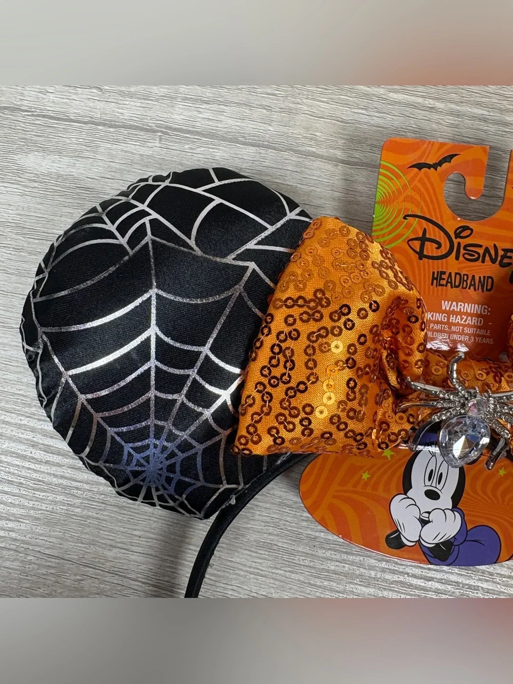 Disney Minnie Mouse Halloween Black Spider Orange Sequin Bow Mouse Ear Headband